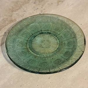 1930&#39;s Jeanette Glass Teal Green DORIC AND PANSY - Pretty Polly Party Dishes - Child Size Saucer Plate