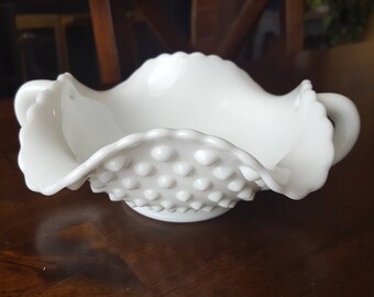 Vintage Fenton HOBNAIL MILK GLASS Crimped Handled Bon Bon Dish