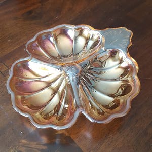Vintage DORIC Iridescent Marigold 3-Part Candy Dish By Jeannette Glass