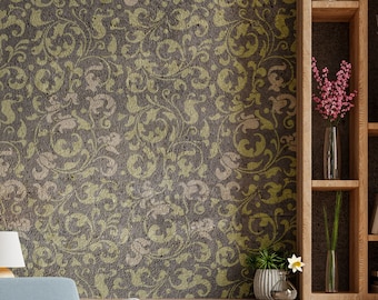 May include: A living room interior with a blue armchair, a wooden side table, a clock, a potted plant, and a bookshelf with decorative items. The wall features a patterned wallpaper with a floral design.