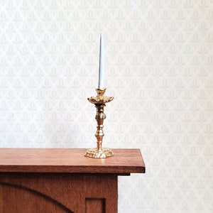 Dollhouse Miniature Tall Gold Candlestick Holder with White Candle 1:12 Scale Metal