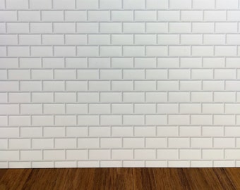 Dollhouse Subway Metro Wall Tile White Embossed Glossy Paper Use in 1:12 or 1/6 Scale