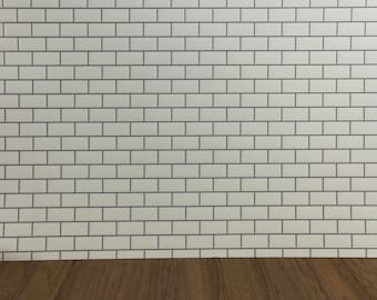 Dollhouse Miniature Subway Metro Wall Tile White Embossed Glossy Paper 1:12 Scale Dark Grout