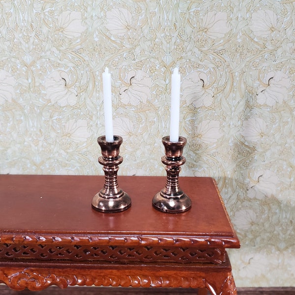 Dollhouse Tall Candlestick Holders with Candles Set of 2 1:12 Scale Metal Aged Copper Finish