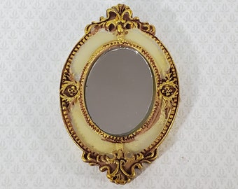 Dollhouse Large Mirror Oval Ornate Gold Cream Miniature Decor  3 5/16" x 2 1/8"