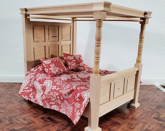 Melody Jane Dollhouse Tudor 4 Poster Tester Bed - Light Oak With Bedding 1:12 Scale