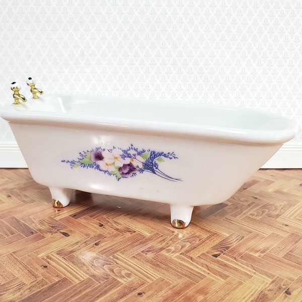 Dollhouse Bathtub White Ceramic with Floral Decor 1:12 Scale Miniature Bathroom Tub