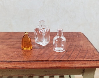 Dollhouse Miniature 3 Glass Jars 2 Clear 1 Amber Flask 1:12 Scale