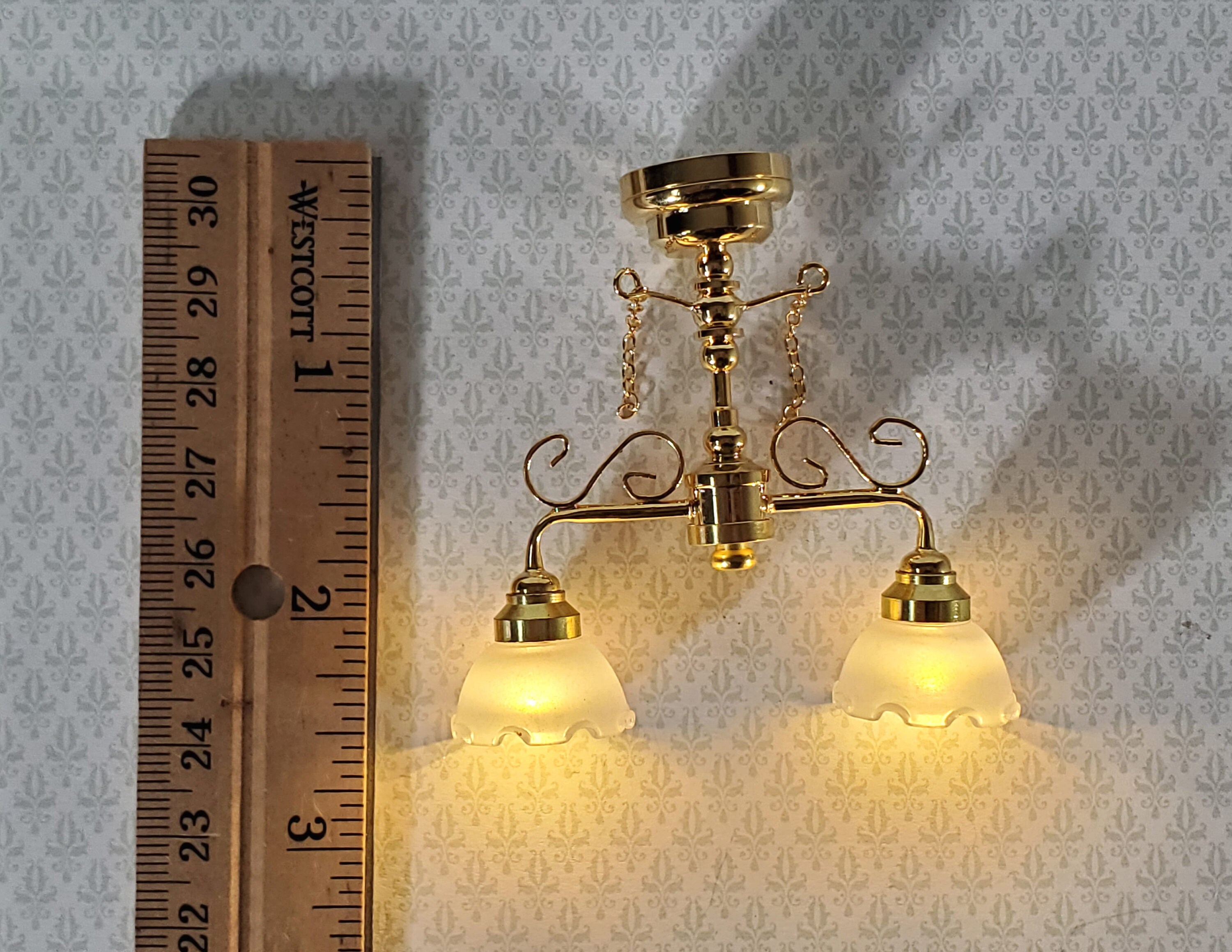 Dollhouse Miniature LED Battery Ceiling Light 2 Arm Chandelier 1