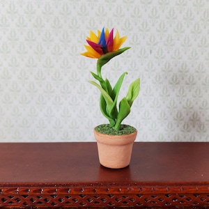 May include: A miniature, handcrafted Bird of Paradise flower in a terracotta pot. The flower features vibrant yellow, blue, and magenta petals. Green leaves and stem rise from the pot filled with green moss. The pot is approximately 1 inch tall.