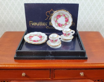 Dollhouse Coffee Setting for 2 Rose Decoration Reutter Porcelain 1:12 Scale