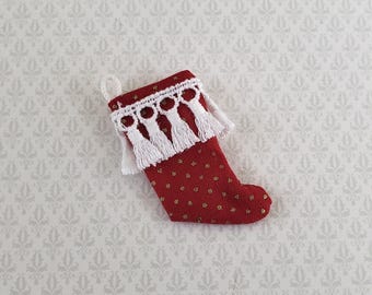 Dollhouse Miniature Christmas Stocking Red with White Tassels Handmade 1:12 Scale