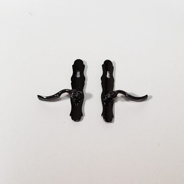 Dollhouse Door Handles x2 French Lever Style Dark Pewter 1:12 Scale Miniatures CLA05581