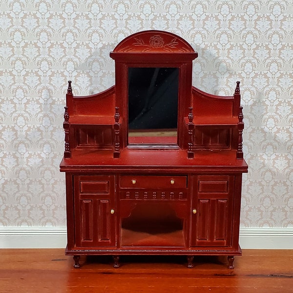 Dollhouse Sideboard with Mirror Ornate Mahogany Finish 1:12 Scale Miniature Furniture