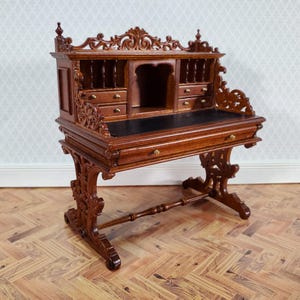 JBM Dollhouse Desk Italian Renaissance Style Furniture 1:12 Scale Miniature Walnut Finish