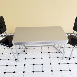 Dollhouse 1950s Style Kitchen Table with 2 Black Chairs 1:12 Scale Miniature Furniture
