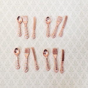 Dollhouse Flatware Copper Finish Fork Spoon Knife Fancy 4 Place Settings 1:12 Scale