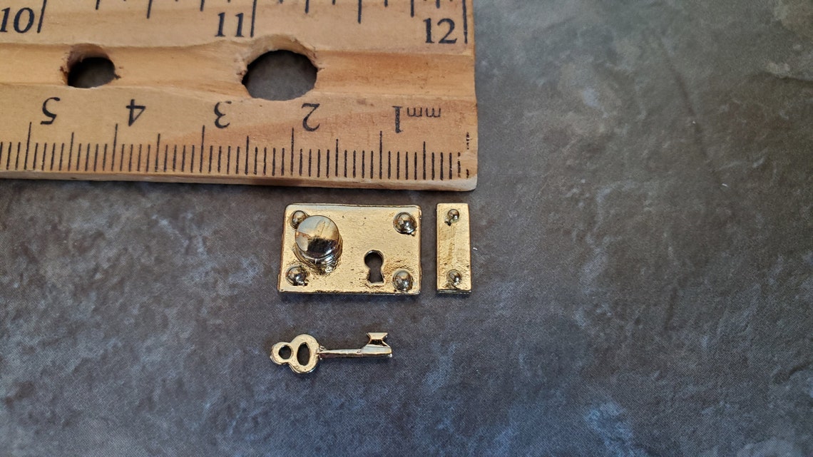 Dollhouse Miniature Door Knob Plate Lock Set With Key Gold Etsy