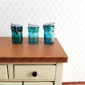 Dollhouse Miniature Canning Jars Glass Aqua with Lids Set of 3 Medium 1:12 Scale