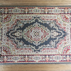 Dollhouse Miniature Rug Large Navy Blue & Gold 8 1/2&quot; x 5 5/8&quot; with Fringe 1:12 Scale