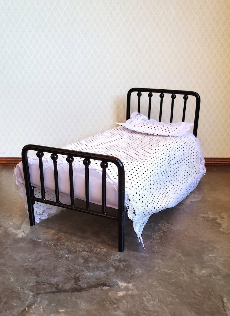 Dollhouse Miniature Bed Black Metal With Mattress Pillow Etsy Canada