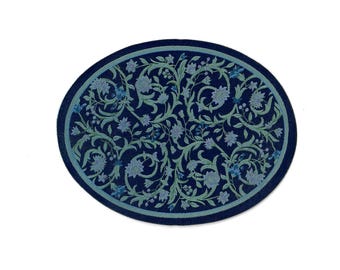Dollhouse Oval Rug Fabric Blue Floral 1:12 Scale Miniature Carpet