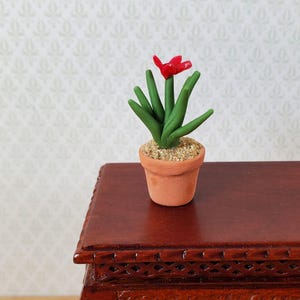 May include: Miniature terracotta pot with a green plant and a red flower. The plant has long, pointed green leaves and a single red flower. The pot is filled with small, tan pebbles. The plant is a decorative item.