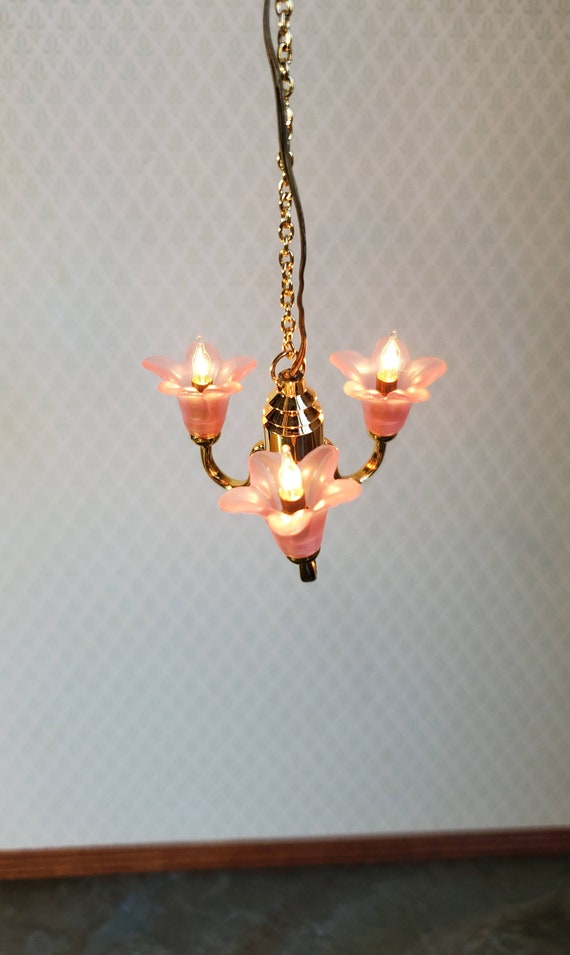 Dollhouse Miniature Chandelier Pink Flowers Light 5 Arm Electric 1:12 Scale Dollhouse Miniature Chandelier Pink Flowers Light 5 Arm Electric 1:12 Scale