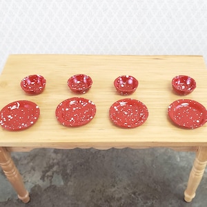 Dollhouse Miniature Plates & Bowls Red Speckled 1:12 Scale Kitchen Accessories