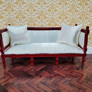 Dollhouse Sofa Couch Louis XVI Style Cream Silky Fabric 1:12 Scale Miniature Mahogany Finish