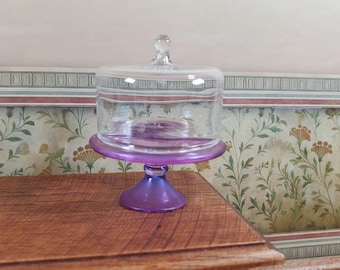 Dollhouse Large Glass Cake Stand with Cover Light Purple 1:12 Scale Miniature