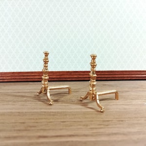 Dollhouse Miniature Andirons Gold Fireplace with Bar for Wood Metal 1:12 Scale