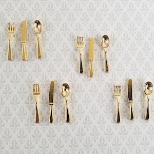 Dollhouse Miniature Gold Flatware Fork Spoon Knife 4 Place Settings 1:12 Scale