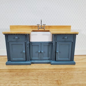 Dollhouse Kitchen Sink Cabinet 1:12 Scale Miniature Blue/Gray Farmhouse Style