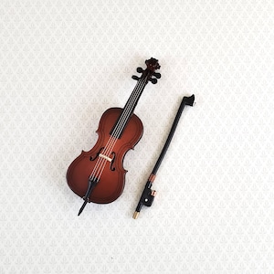 Dollhouse Miniature Cello and Bow Wood 4 1/2" 1:12 Scale Instrument