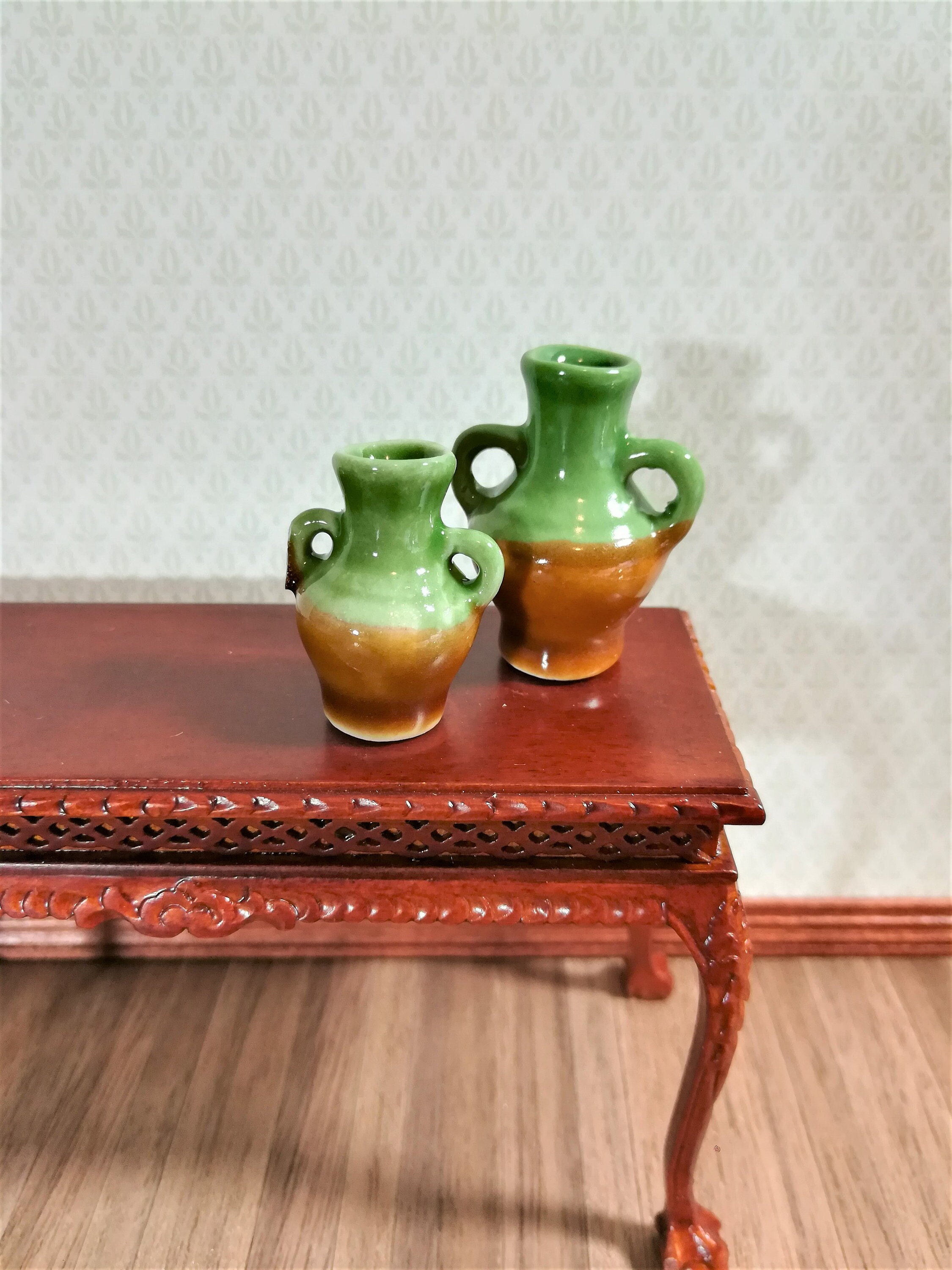 Dollhouse Miniature Ceramic Vases Or Urns 2 Large Green Brown 1