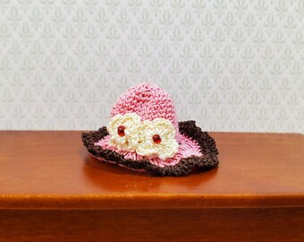 Dollhouse Crocheted Hat Pink and Brown Wearable 1:12 Scale Miniature