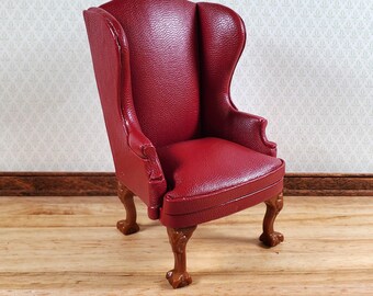 Melody Jane Dollhouse Miniature - 1:12 Scale Red Leather Wingback Chair & Footrest