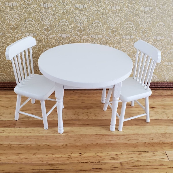 Dollhouse Miniature White Table Round with 2 Chairs 1:12 Scale Kitchen Dining Room Furniture