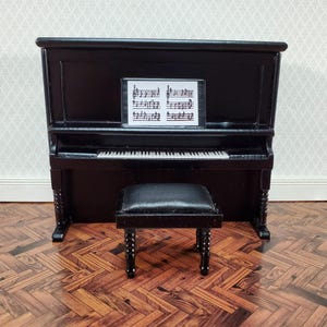 Miniature Upright Piano with Bench Seat Wood 1:12 Scale Dollhouse Black Finish