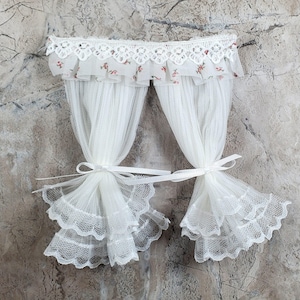 Dollhouse Lace Curtains Cream with Pink Floral Valance 1:12 Scale 5&quot; W x 6&quot; L