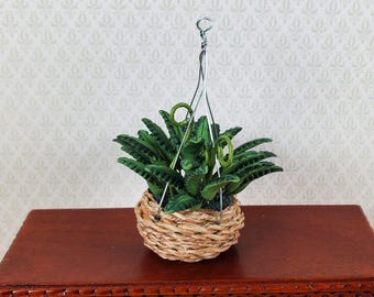 Dollhouse Fern in a Natural Woven Hanging Basket 1:12 Scale Miniature
