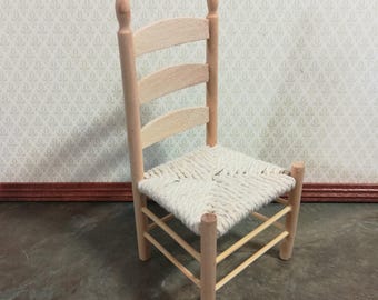 Dollhouse Miniature Ladderback Chair with Rush Seat for Kitchen or Dining Room 1:12 Scale Unfinished