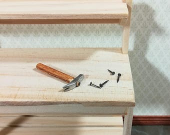 Dollhouse Claw Hammer and Nails Metal & Wood Sir Thomas Thumb 1:12 Scale Tool