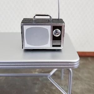Dollhouse Retro Television TV Set Black & Silver 1:12 Scale Miniature