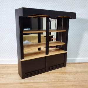 Dollhouse Bar or Shop Shelves Mirrored Back Black & Oak 1:12 Scale Miniature