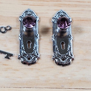 Dollhouse Doorknobs Silver with Purple Crystal Knob Metal 1:12 Scale Miniature