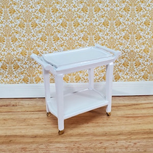 Dollhouse Tea Cart Two Tiered Serving Trolley White Wood with Wheels 1:12 Scale Miniature