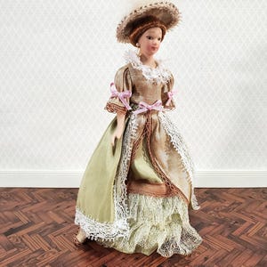 Dollhouse Victorian Doll Porcelain Fancy Lace Dress and Hat 1:12 Scale Miniature