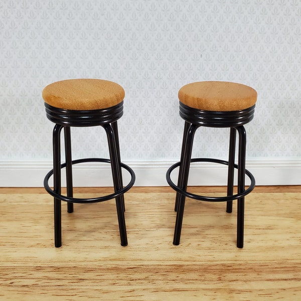 Dollhouse Bar Stools x2 Metal and Wood Black Finish 1:12 Scale Miniature Modern Furniture